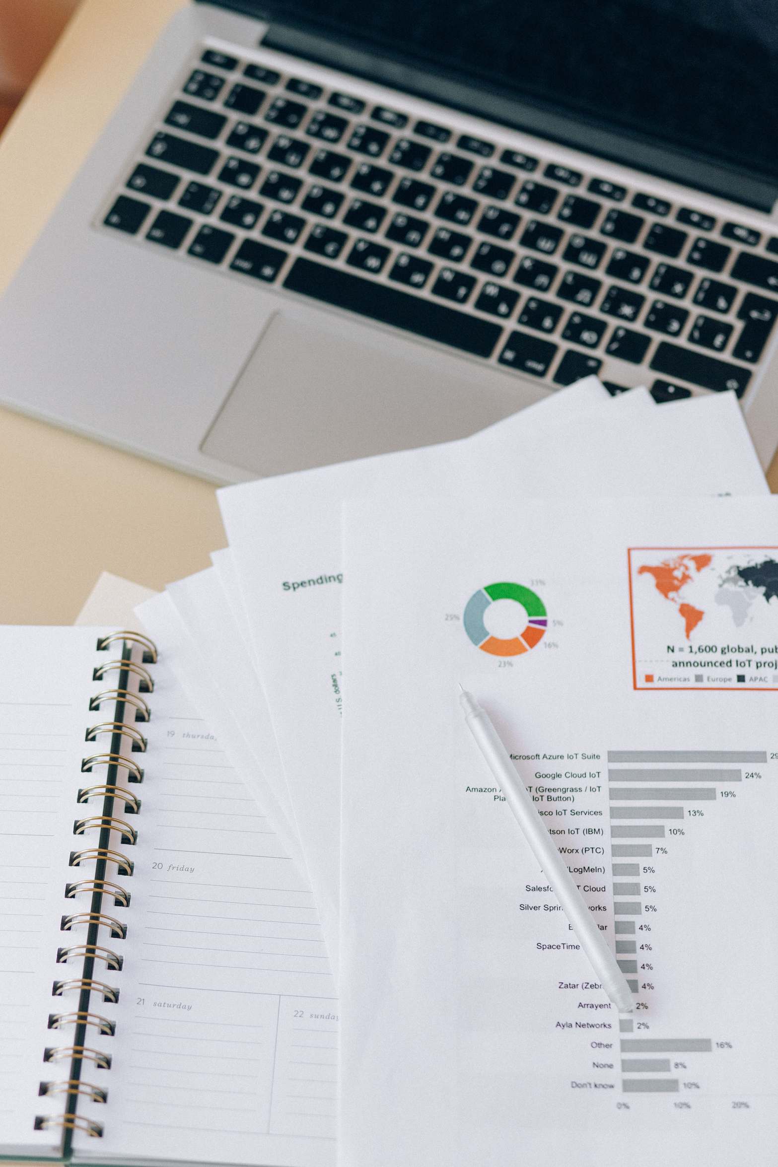Nahaufnahme eines Arbeitsplatzes mit Laptop, Notizbuch und Finanzunterlagen